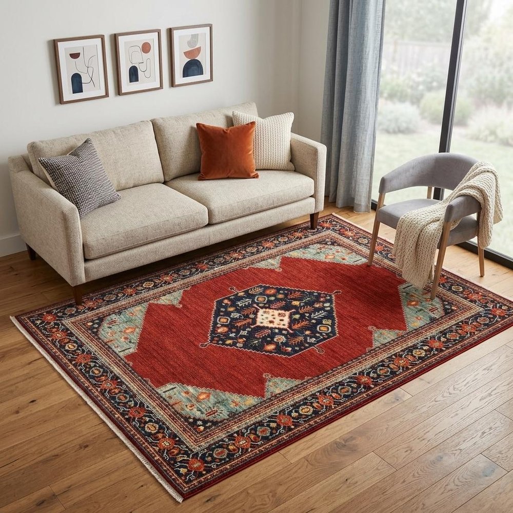 5' X 8' Red Blue And Black Oriental Area Rug With Fringe