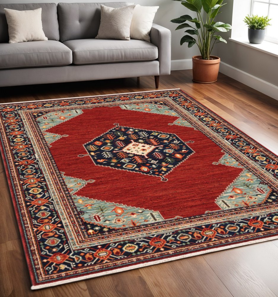 5' X 8' Red Blue And Black Oriental Area Rug With Fringe