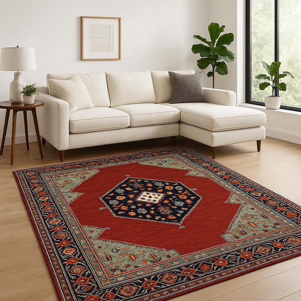 6' X 9' Blue And Red Oriental Power Loom Area Rug With Fringe