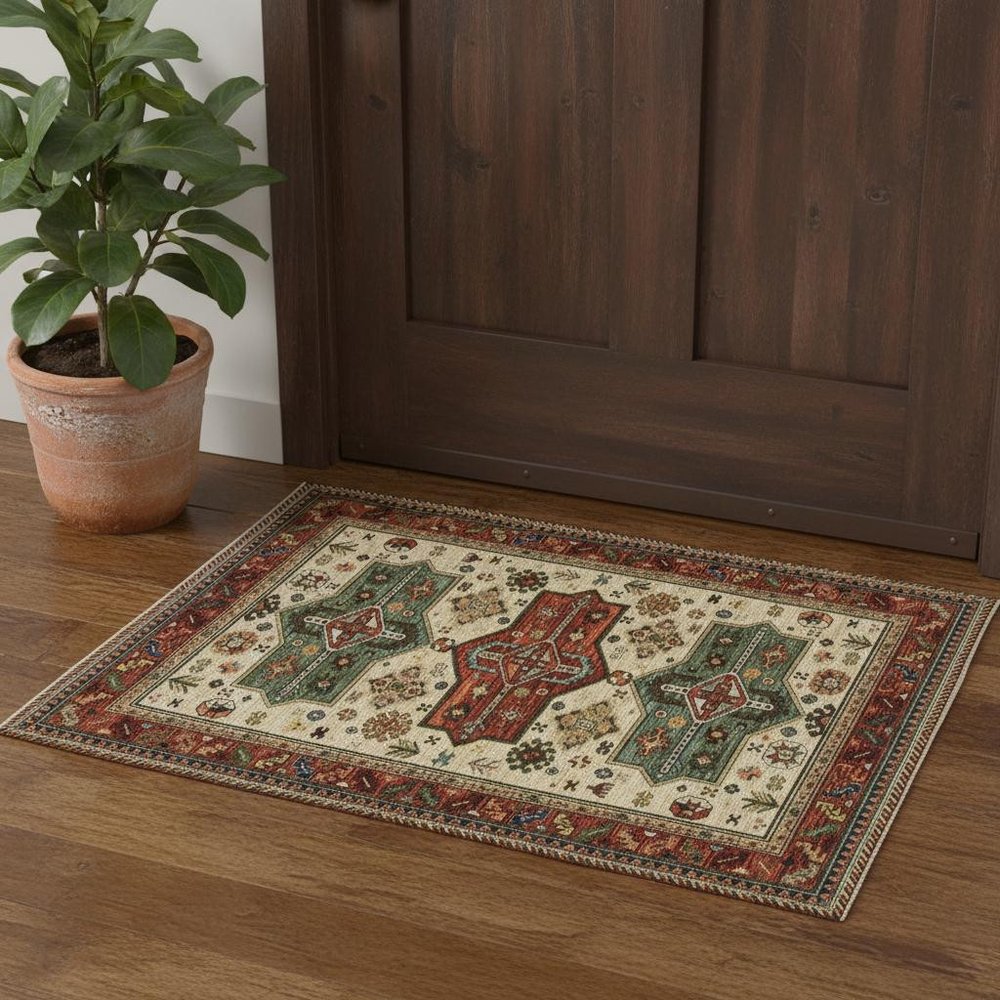 2' X 3' Brick Red Orange Rust Beige Gold Pale Blue Olive Navy And Black Oriental Power Loom Stain Resistant Area Rug With Fringe
