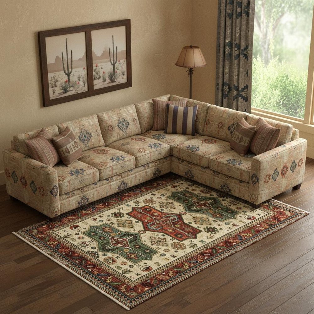 6' X 9' Brick Red Orange Rust Beige Gold Pale Blue Olive Navy And Black Oriental Power Loom Stain Resistant Area Rug With Fringe