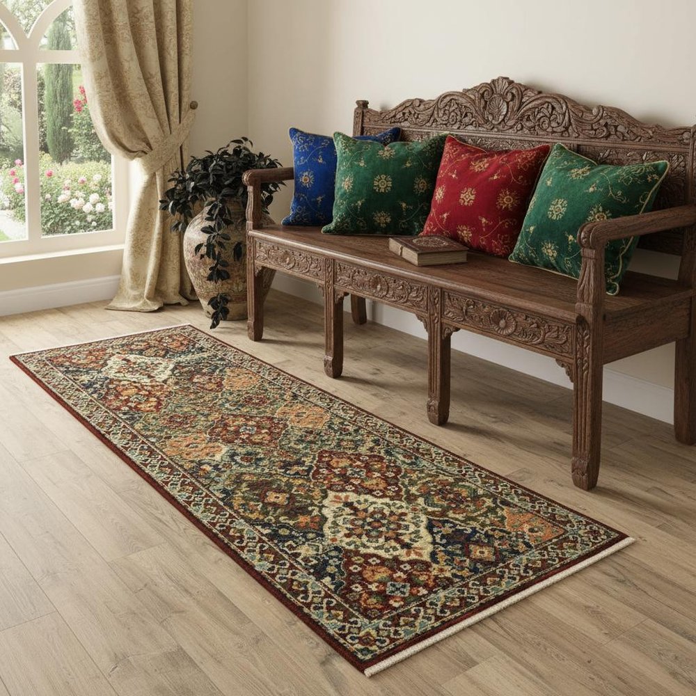 2' X 6' Red Rust Navy Light Blue Brown Orange Ivory And Gold Oriental Power Loom Stain Resistant Runner Rug With Fringe