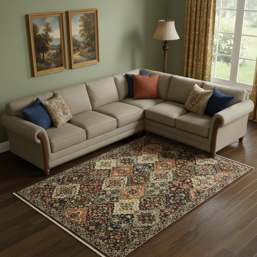 10' X 13' Red Rust Navy Light Blue Brown Orange Ivory And Gold Oriental Power Loom Stain Resistant Area Rug With Fringe