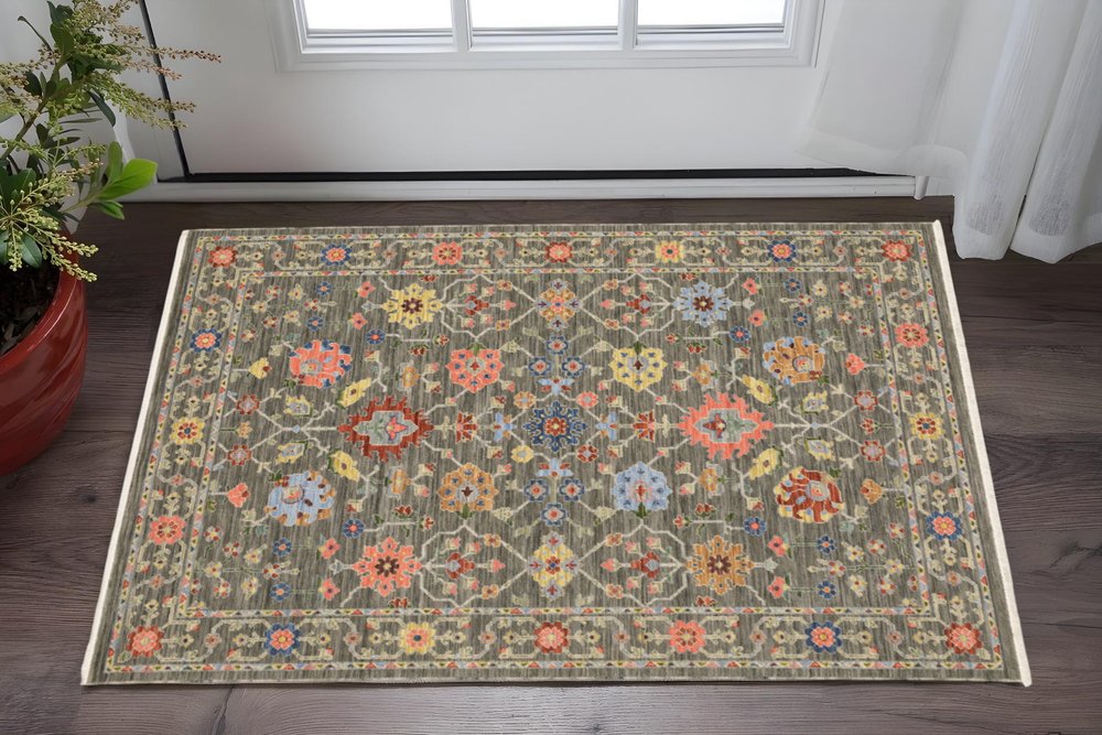 2' X 3' Gray Blue And Orange Oriental Area Rug With Fringe