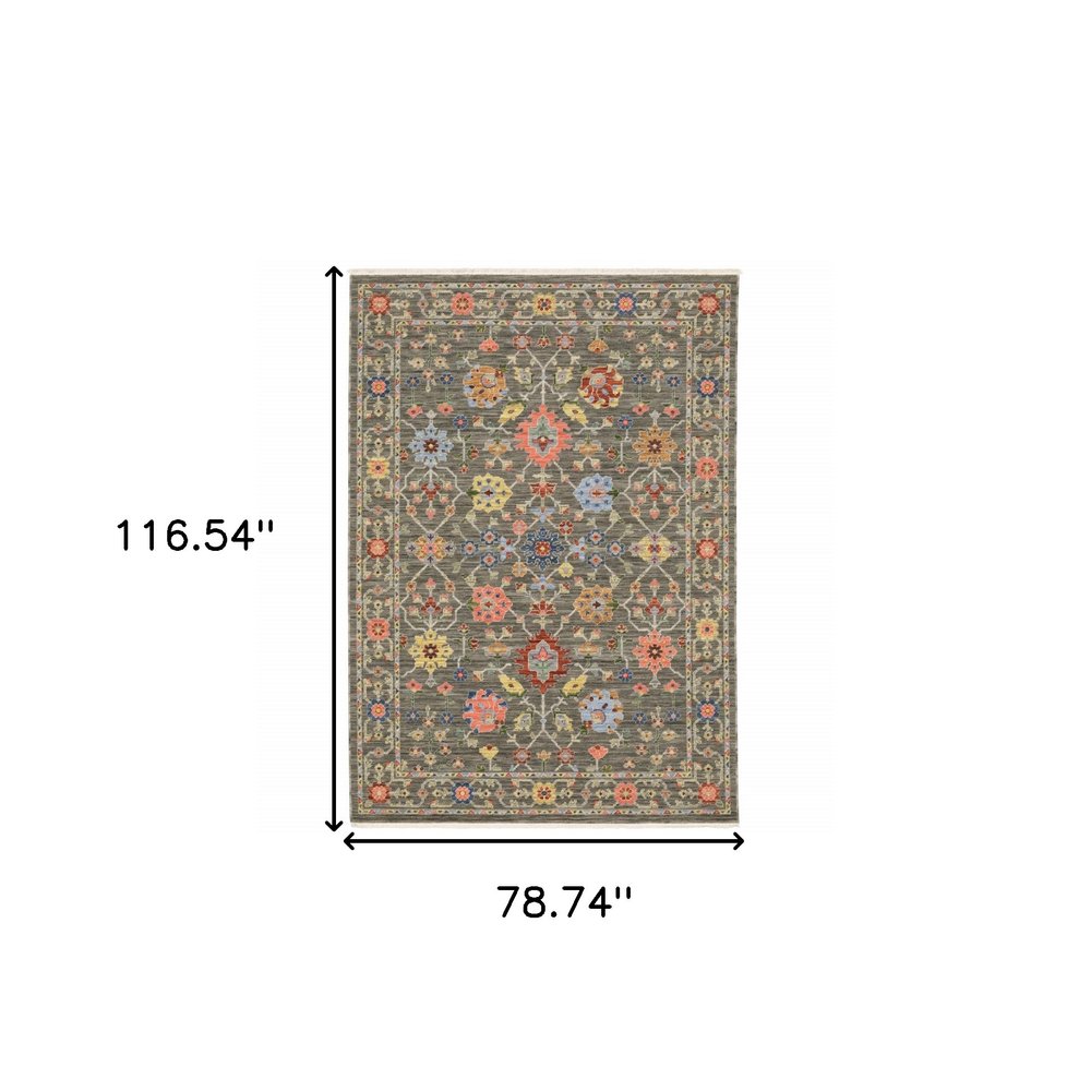 6' X 9' Grey Salmon Pink Gold Blue Rust Deep Blue Ivory And Green Oriental Power Loom Stain Resistant Area Rug With Fringe