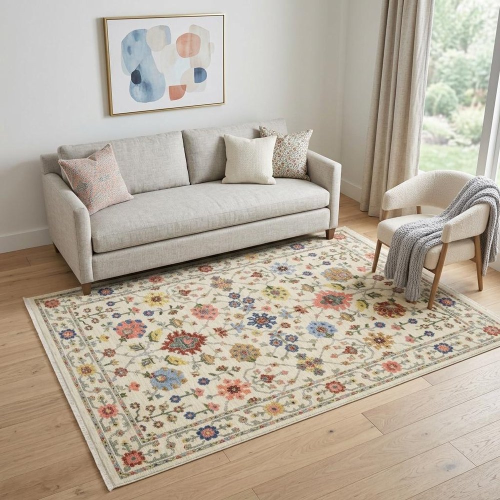 5' X 8' Ivory Blue And Red Oriental Area Rug With Fringe