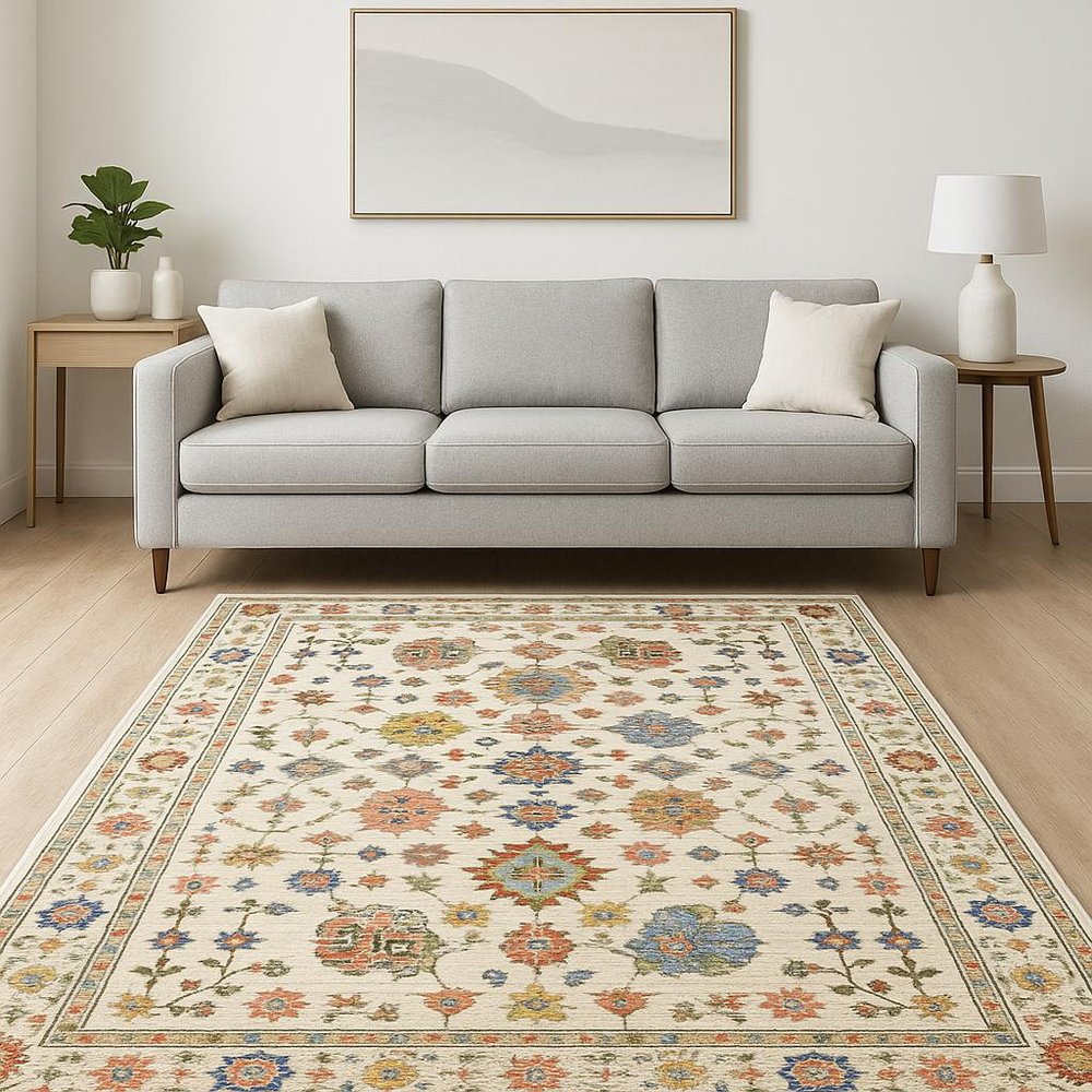 6' X 9' Ivory Salmon Pink Gold Blues Grey Rust And Green Oriental Power Loom Stain Resistant Area Rug With Fringe