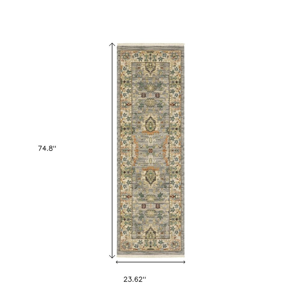 2' X 6' Grey Ivory Orange Teal Green Charcoal Blue And Red Oriental Power Loom Stain Resistant Runner Rug With Fringe