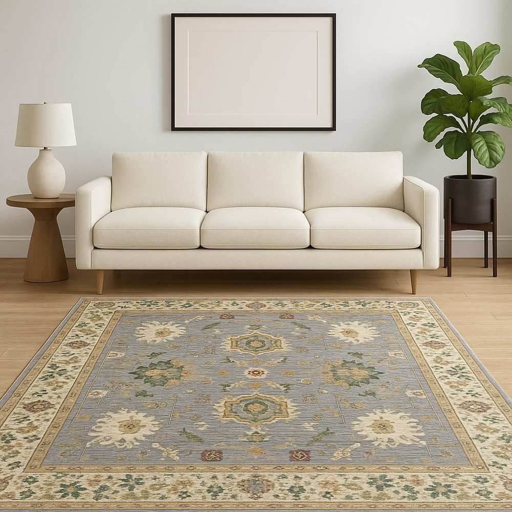 5' X 8' Blue And Ivory Oriental Power Loom Stain Resistant Area Rug With Fringe