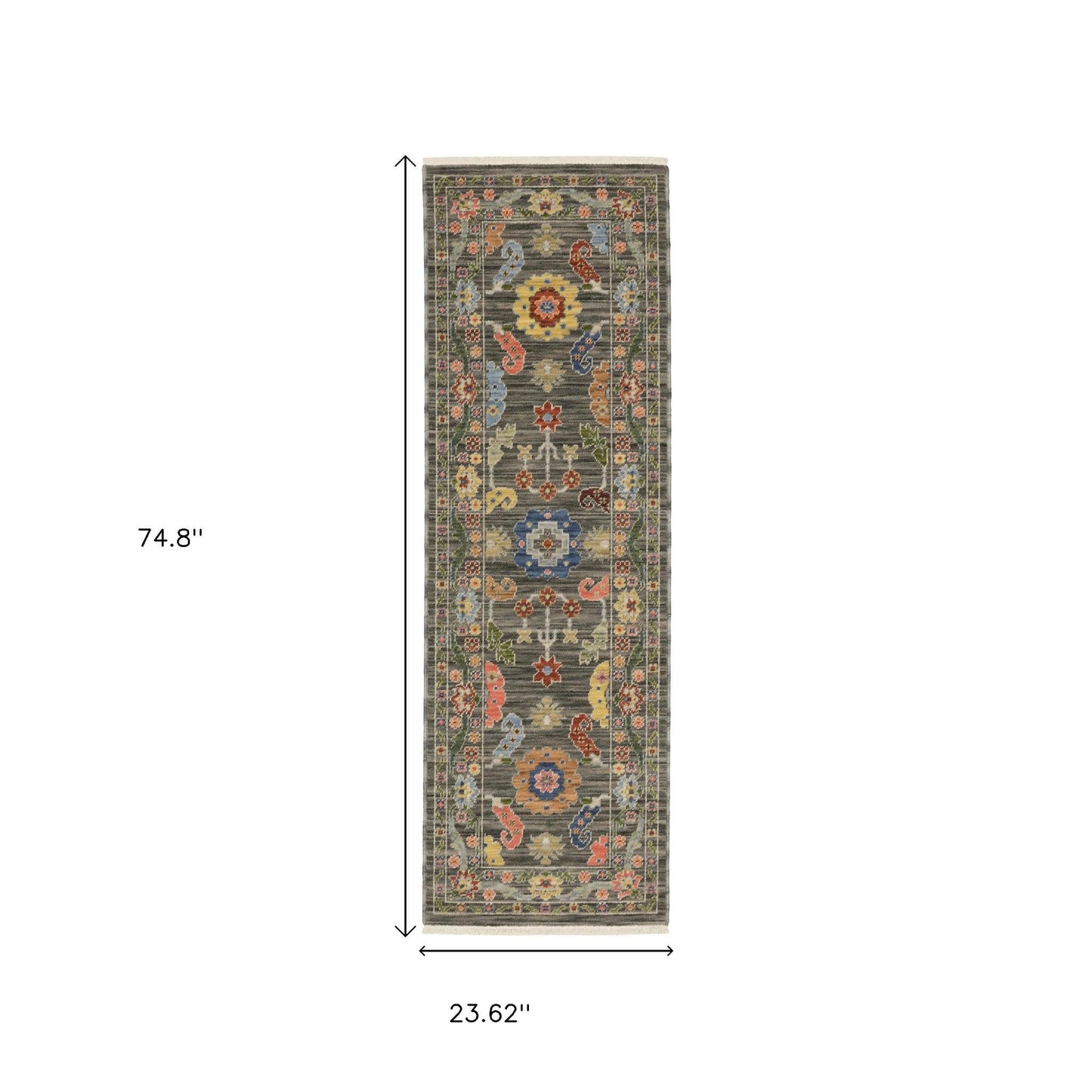 2' X 6' Grey Blue Pink Orange Rust Red Green And Ivory Oriental Power Loom Stain Resistant Runner Rug With Fringe