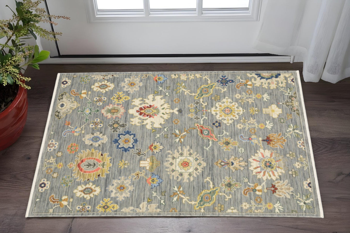 2' X 3' Grey Ivory Gold Salmon Red Blue And Green Oriental Power Loom Stain Resistant Area Rug With Fringe
