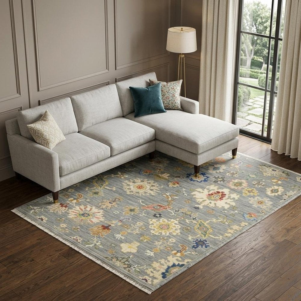 8' X 11' Gray Ivory And Blue Oriental Area Rug With Fringe