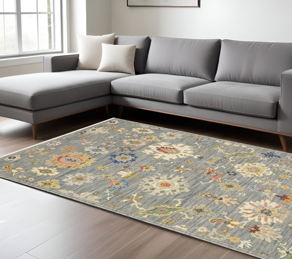 8' X 11' Gray Ivory And Blue Oriental Area Rug With Fringe