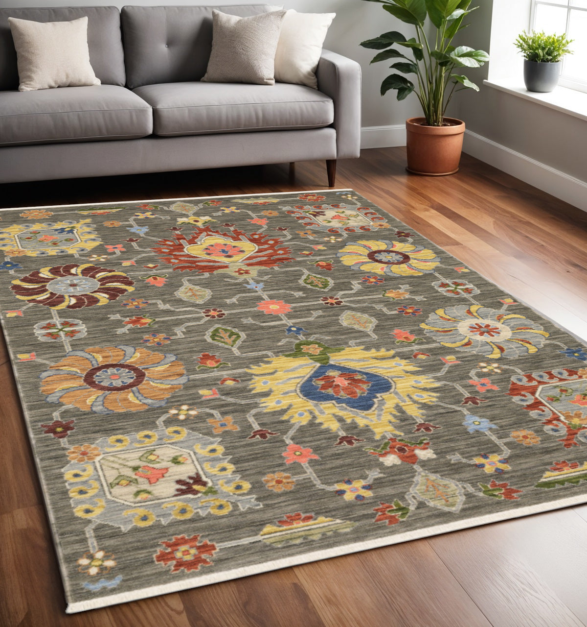 5' X 8' Gray Ivory And Red Oriental Area Rug With Fringe