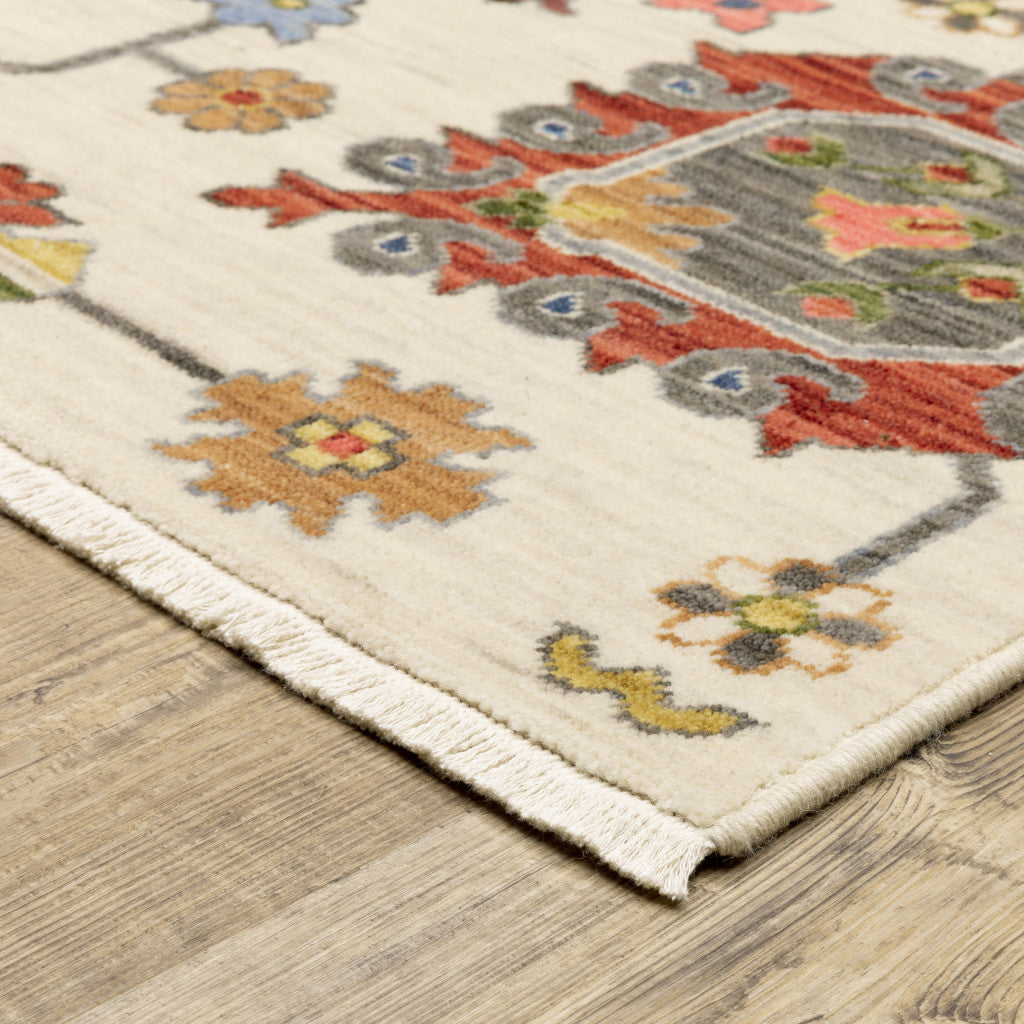 5' X 8' Ivory Blue And Red Oriental Area Rug With Fringe