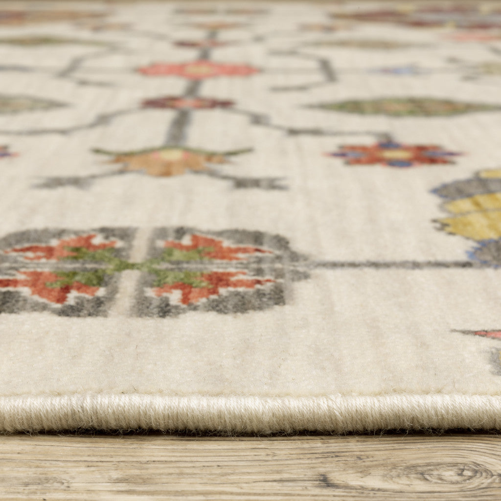 5' X 8' Ivory Blue And Red Oriental Area Rug With Fringe