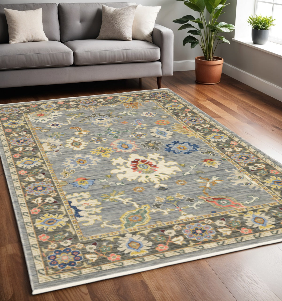 5' X 8' Blue Ivory And Red Oriental Area Rug With Fringe