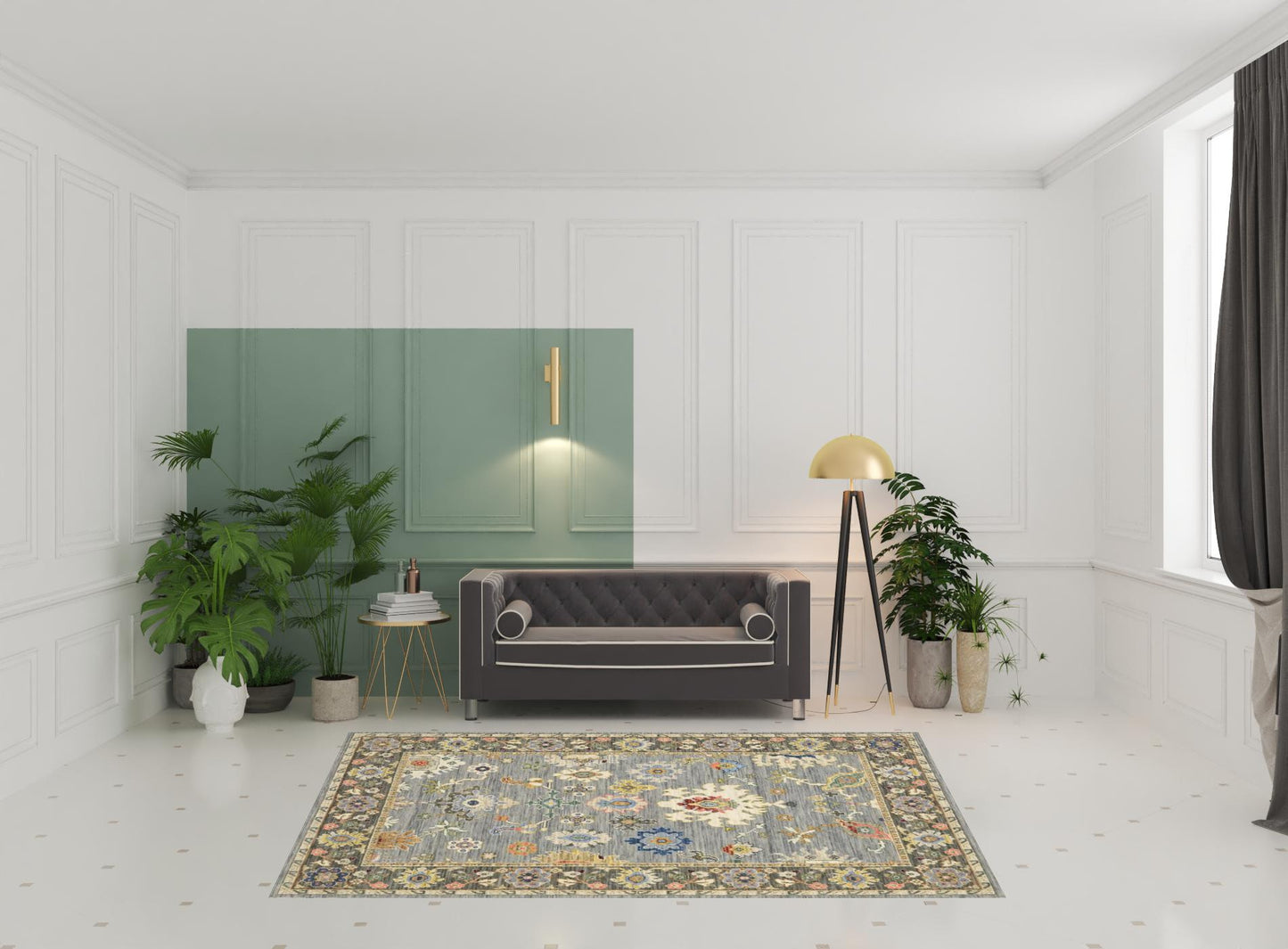 6' X 9' Blue Grey Gold Green Pink Orange Ivory And Red Oriental Power Loom Stain Resistant Area Rug With Fringe