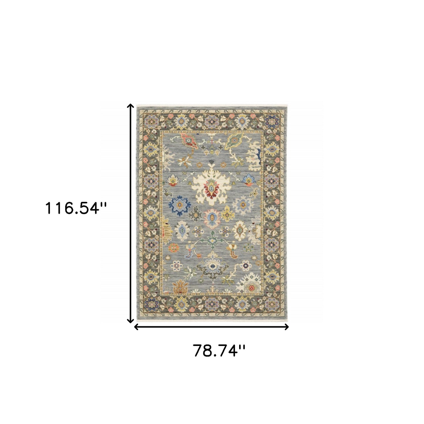 6' X 9' Blue Grey Gold Green Pink Orange Ivory And Red Oriental Power Loom Stain Resistant Area Rug With Fringe