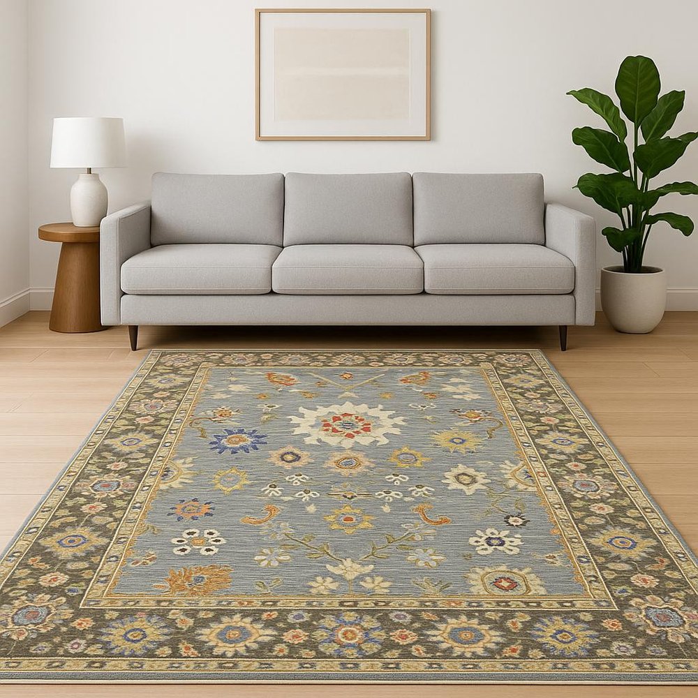 8' X 11' Blue Grey Gold Green Pink Orange Ivory And Red Oriental Power Loom Stain Resistant Area Rug With Fringe