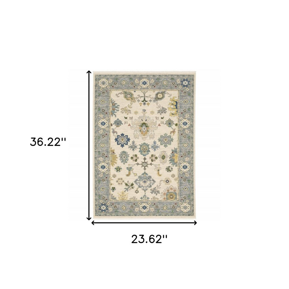 2' X 3' Ivory Blue Grey Teal Gold Green And Rust Oriental Power Loom Stain Resistant Area Rug With Fringe