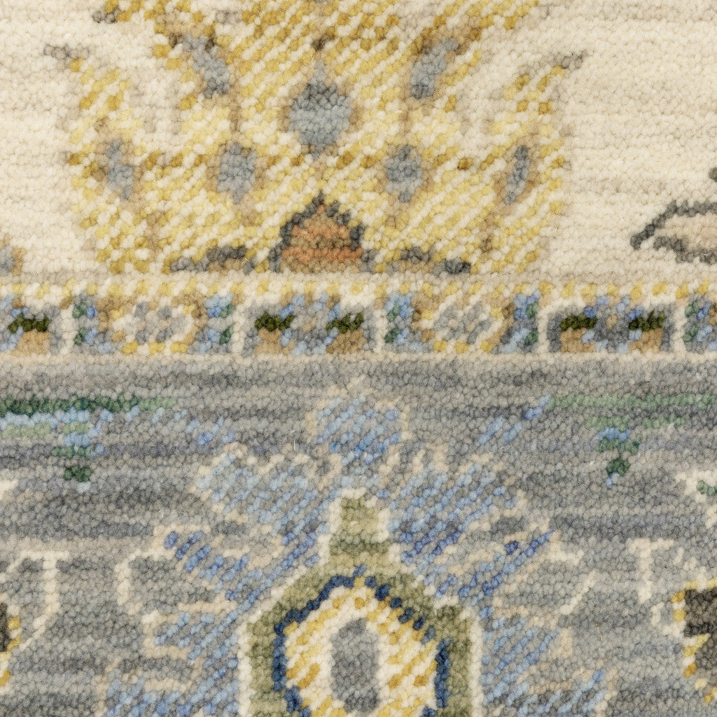 6' Ivory And Blue Oriental Runner Rug With Fringe