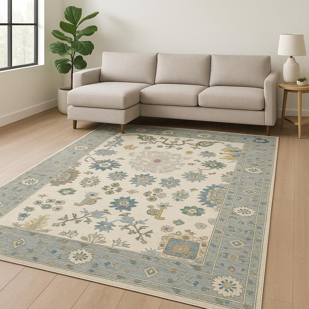 10' X 13' Ivory Blue Grey Teal Gold Green And Rust Oriental Power Loom Stain Resistant Area Rug With Fringe