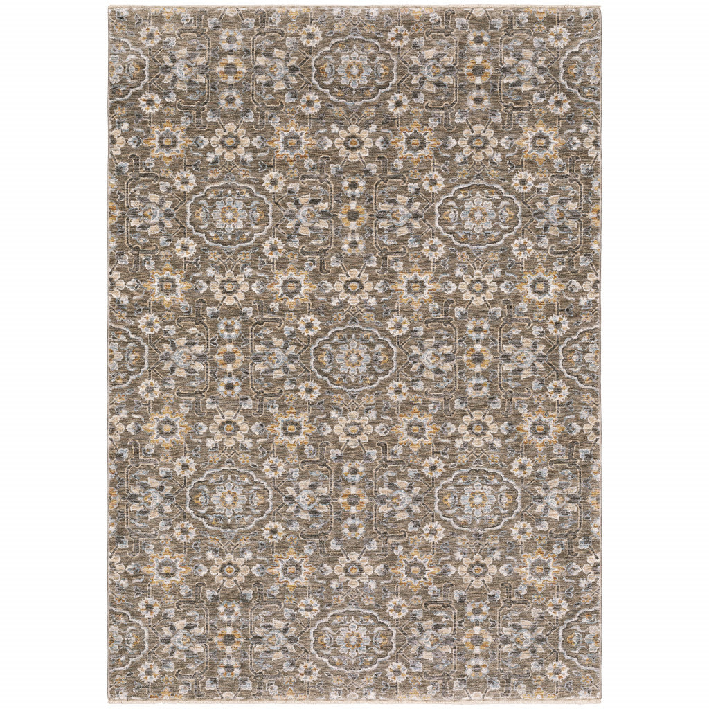 7' X 10' Gray And Gold Floral Area Rug With Fringe