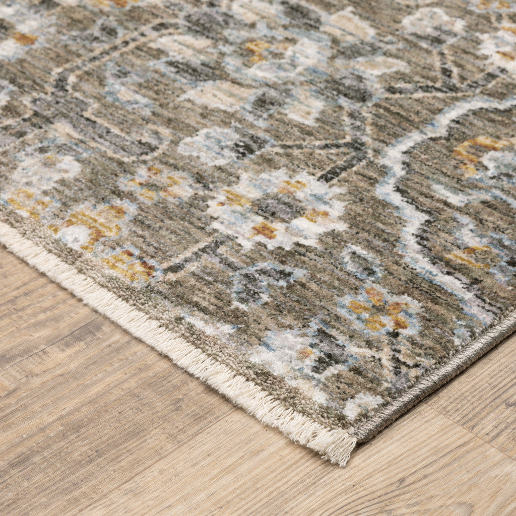 7' X 10' Gray And Gold Floral Area Rug With Fringe