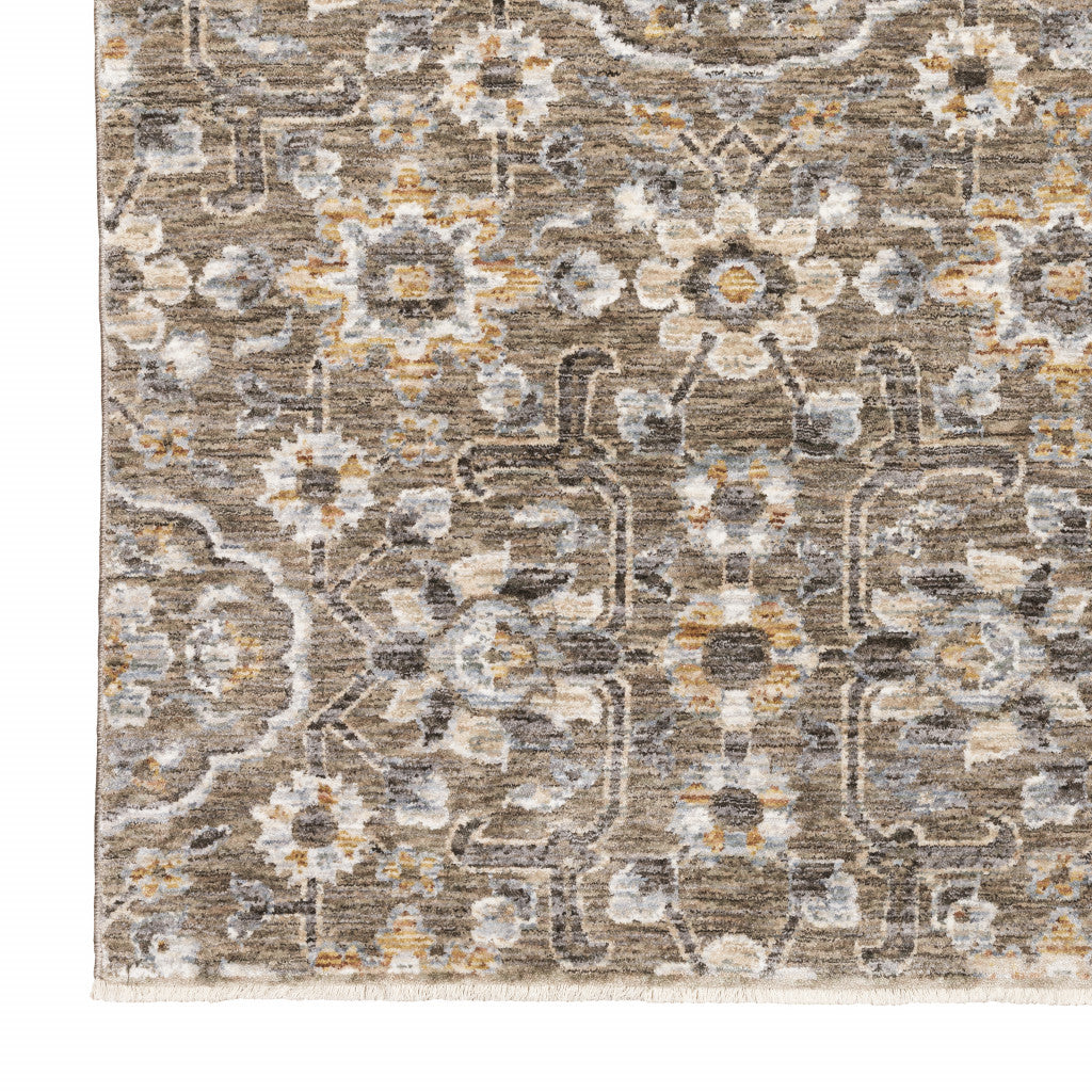 7' X 10' Gray And Gold Floral Area Rug With Fringe