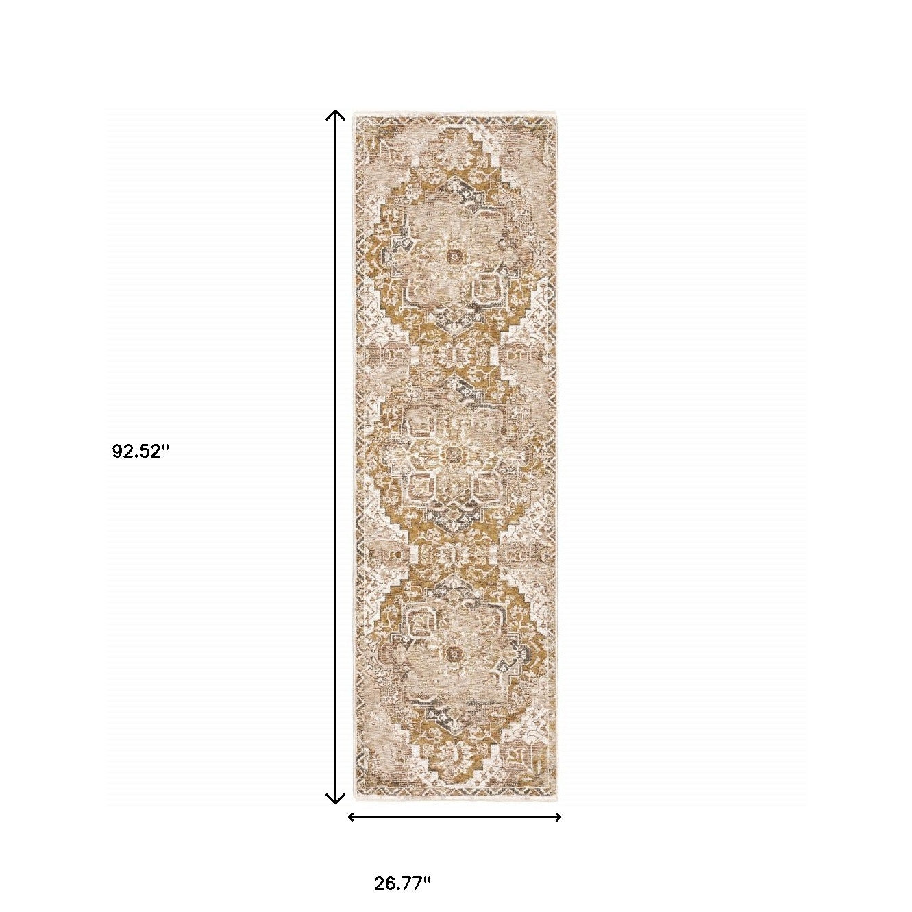 2' X 8' Gold And Ivory Oriental Power Loom Stain Resistant Runner Rug With Fringe