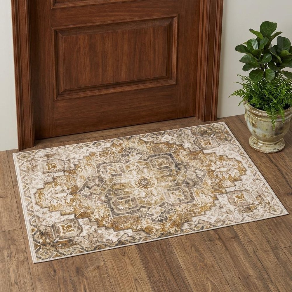 2' X 3' Gold And Brown Oriental Distressed Area Rug With Fringe