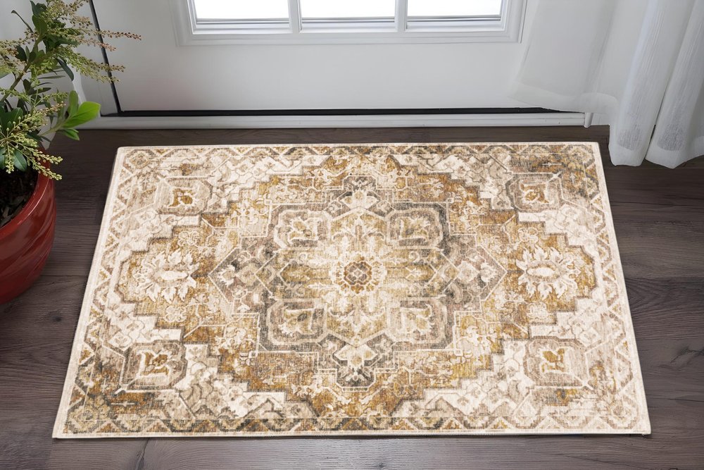 2' X 3' Gold And Brown Oriental Distressed Area Rug With Fringe