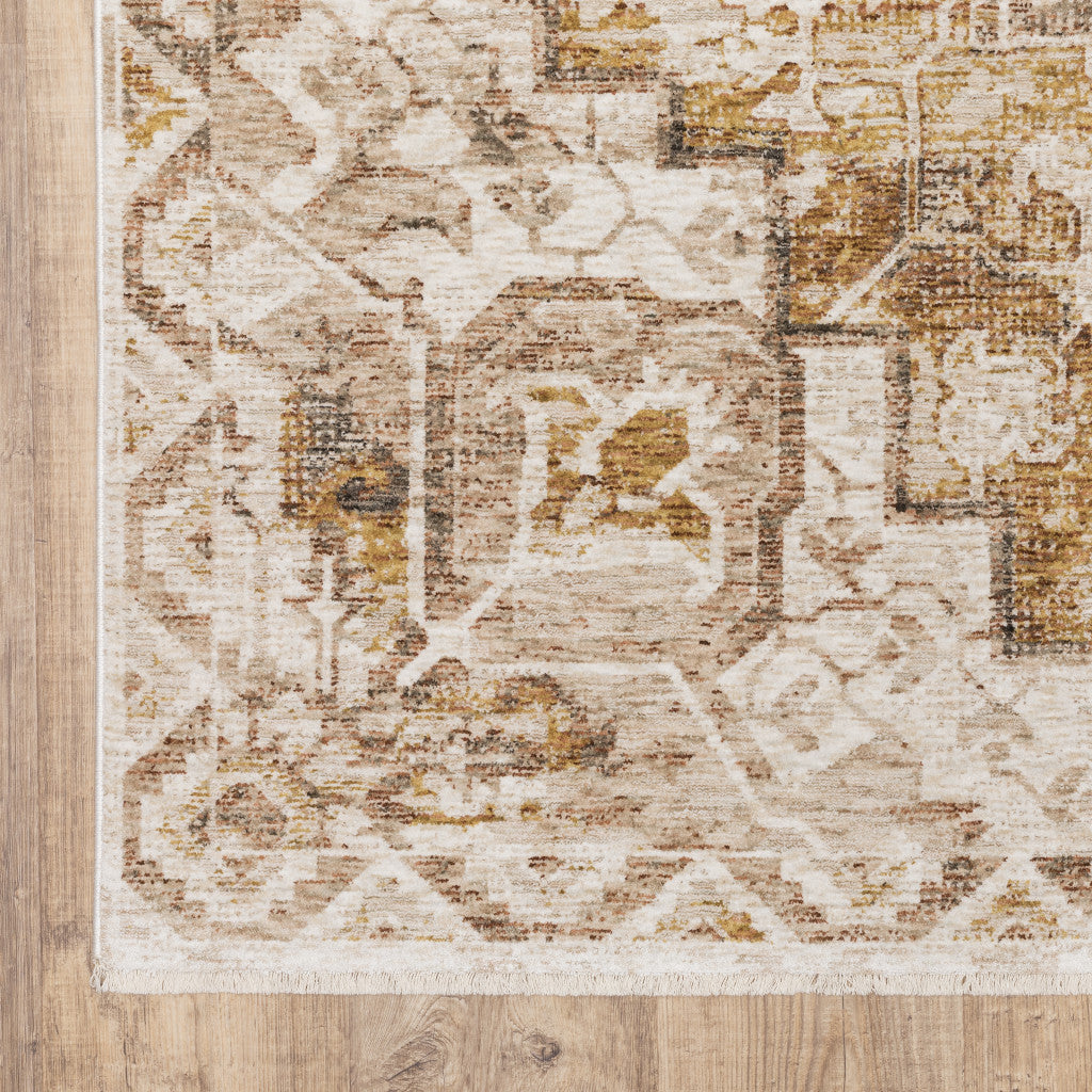 2' X 3' Gold And Brown Oriental Distressed Area Rug With Fringe