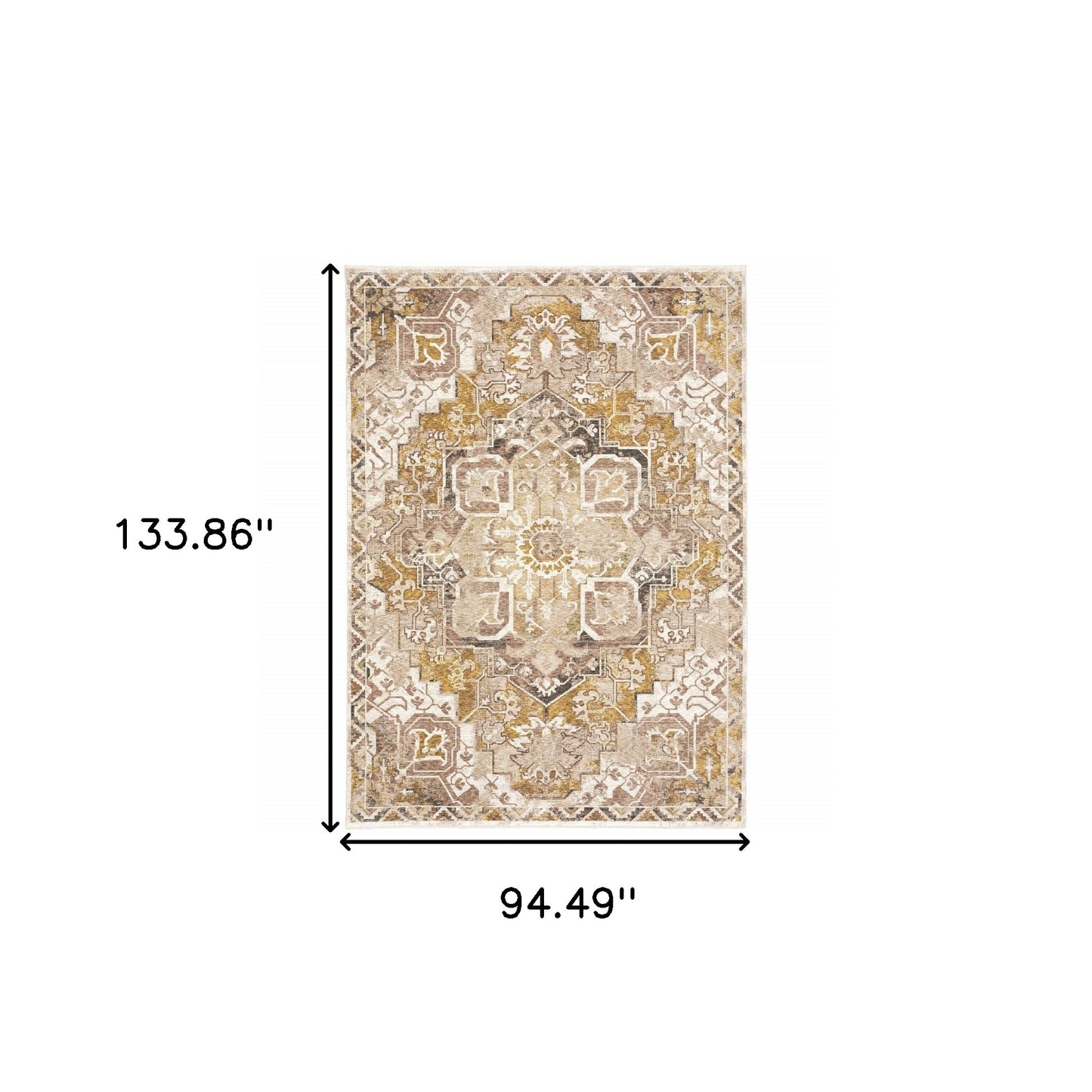 8' X 11' Gold And Brown Oriental Distressed Area Rug With Fringe