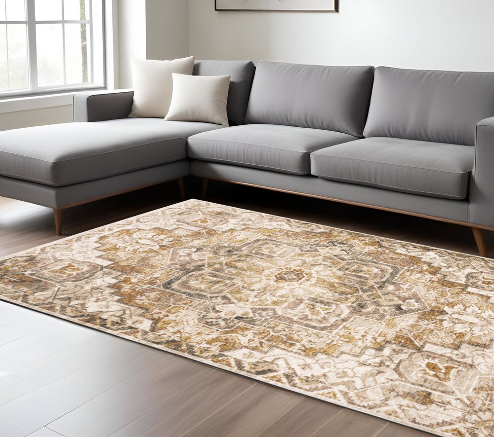 8' X 11' Gold And Brown Oriental Distressed Area Rug With Fringe