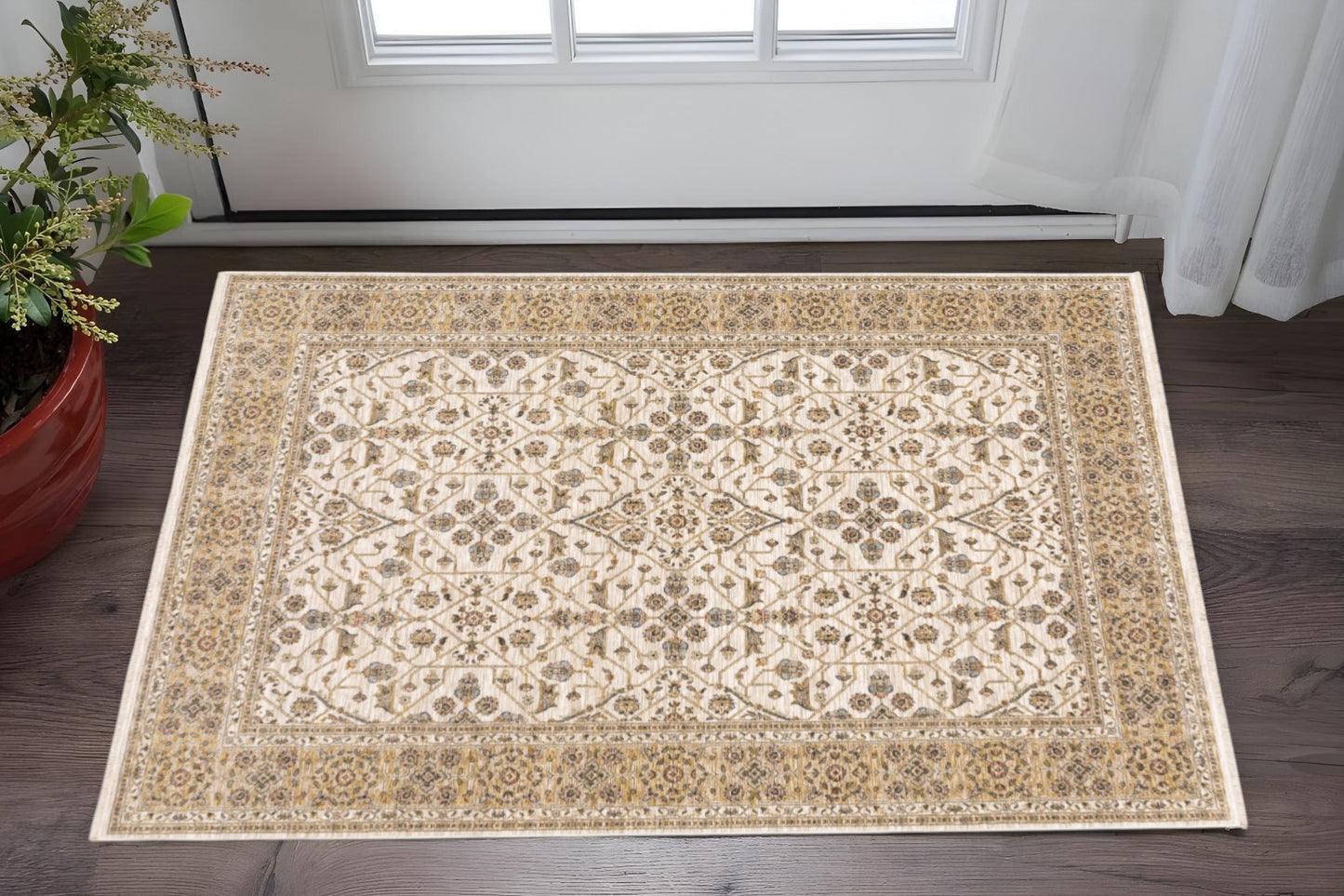 3' X 5' Ivory And Gold Oriental Power Loom Stain Resistant Area Rug With Fringe
