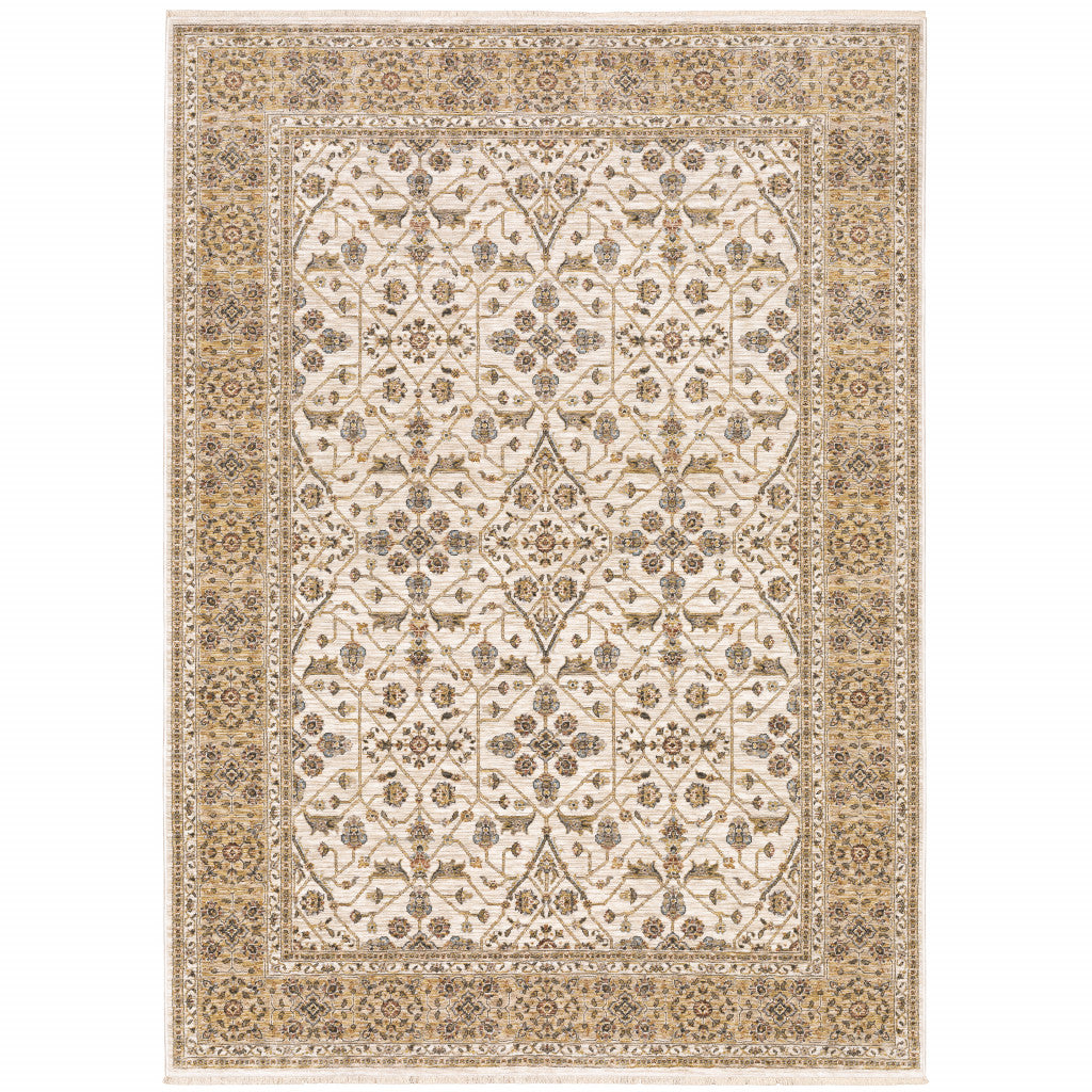 7' X 10' Ivory And Gold Oriental Area Rug With Fringe