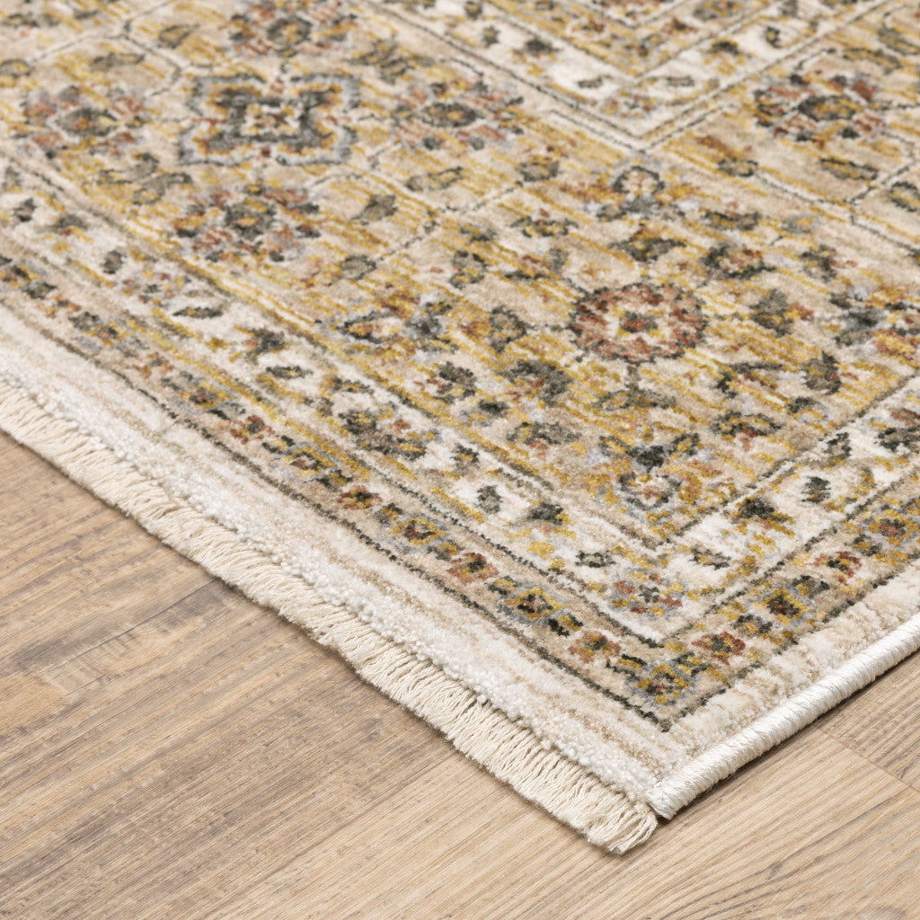 7' X 10' Ivory And Gold Oriental Area Rug With Fringe