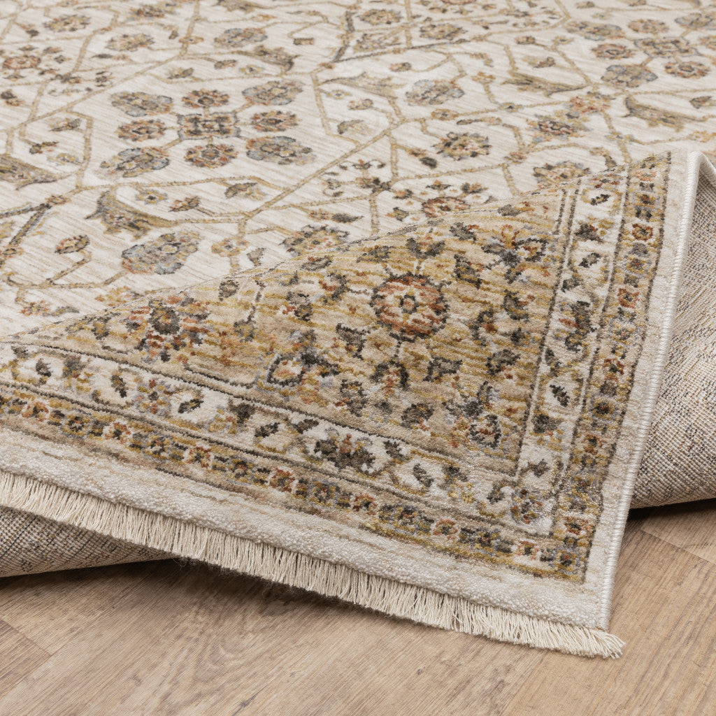 7' X 10' Ivory And Gold Oriental Area Rug With Fringe