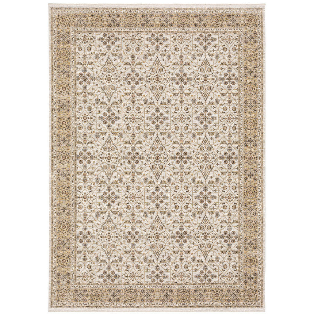 8' X 11' Ivory And Gold Oriental Area Rug With Fringe