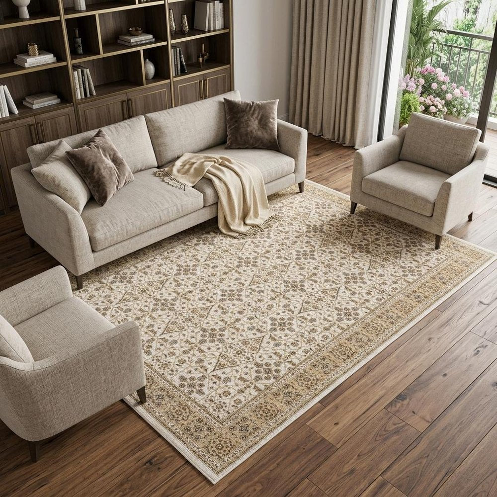 8' X 11' Ivory And Gold Oriental Area Rug With Fringe