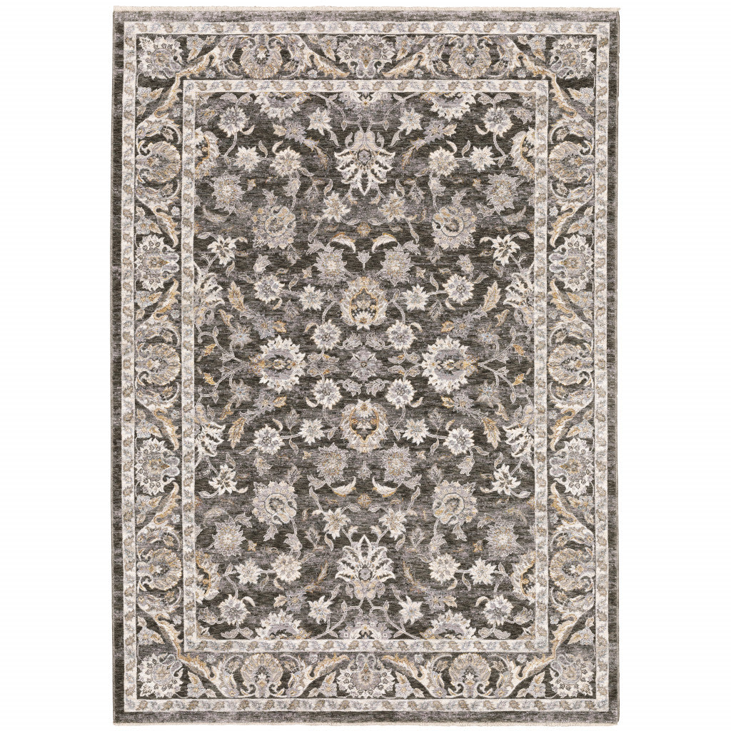3' X 5' Grey And Ivory Oriental Power Loom Stain Resistant Area Rug With Fringe