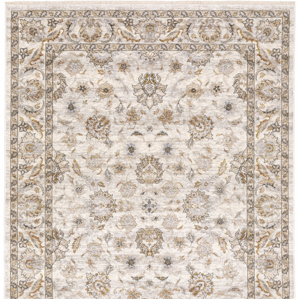 3' X 5' Ivory And Grey Oriental Power Loom Stain Resistant Area Rug With Fringe