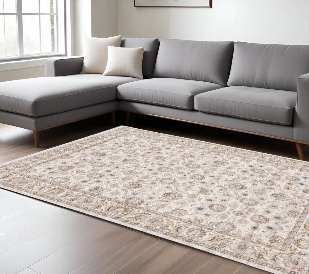 8' X 11' Ivory And Gray Oriental Area Rug With Fringe