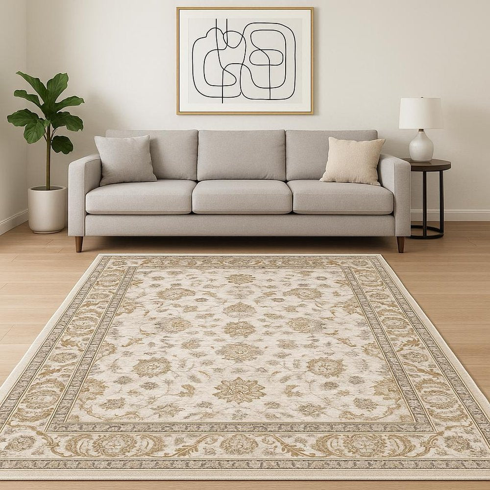 10' X 13' Ivory And Grey Oriental Power Loom Stain Resistant Area Rug With Fringe