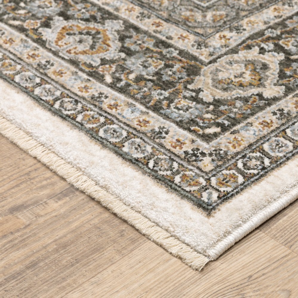 2' X 8' Ivory And Grey Oriental Power Loom Stain Resistant Runner Rug With Fringe