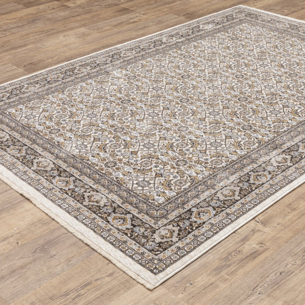 8' X 11' Ivory And Charcoal Oriental Area Rug With Fringe