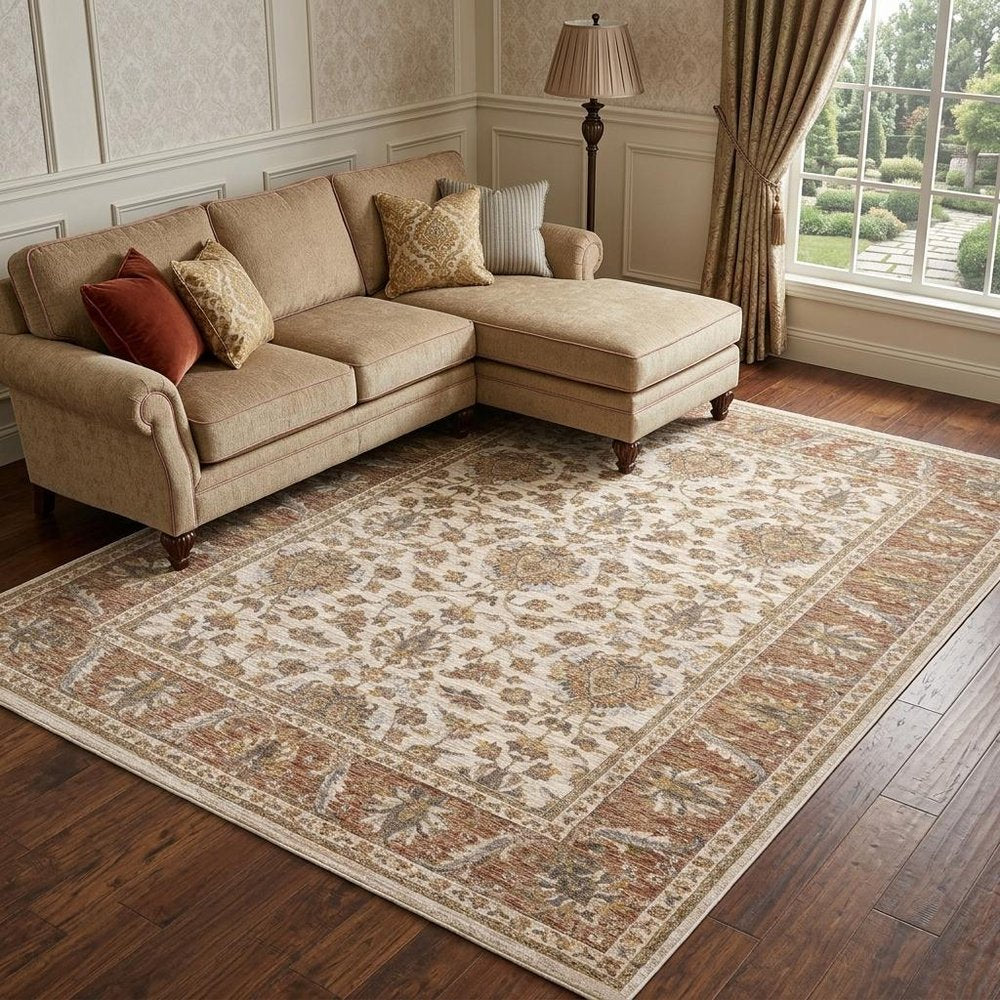 8' X 11' Ivory And Rust Oriental Area Rug With Fringe