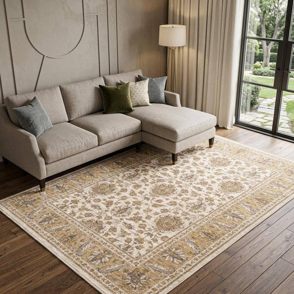 7' X 10' Ivory And Gold Oriental Area Rug With Fringe